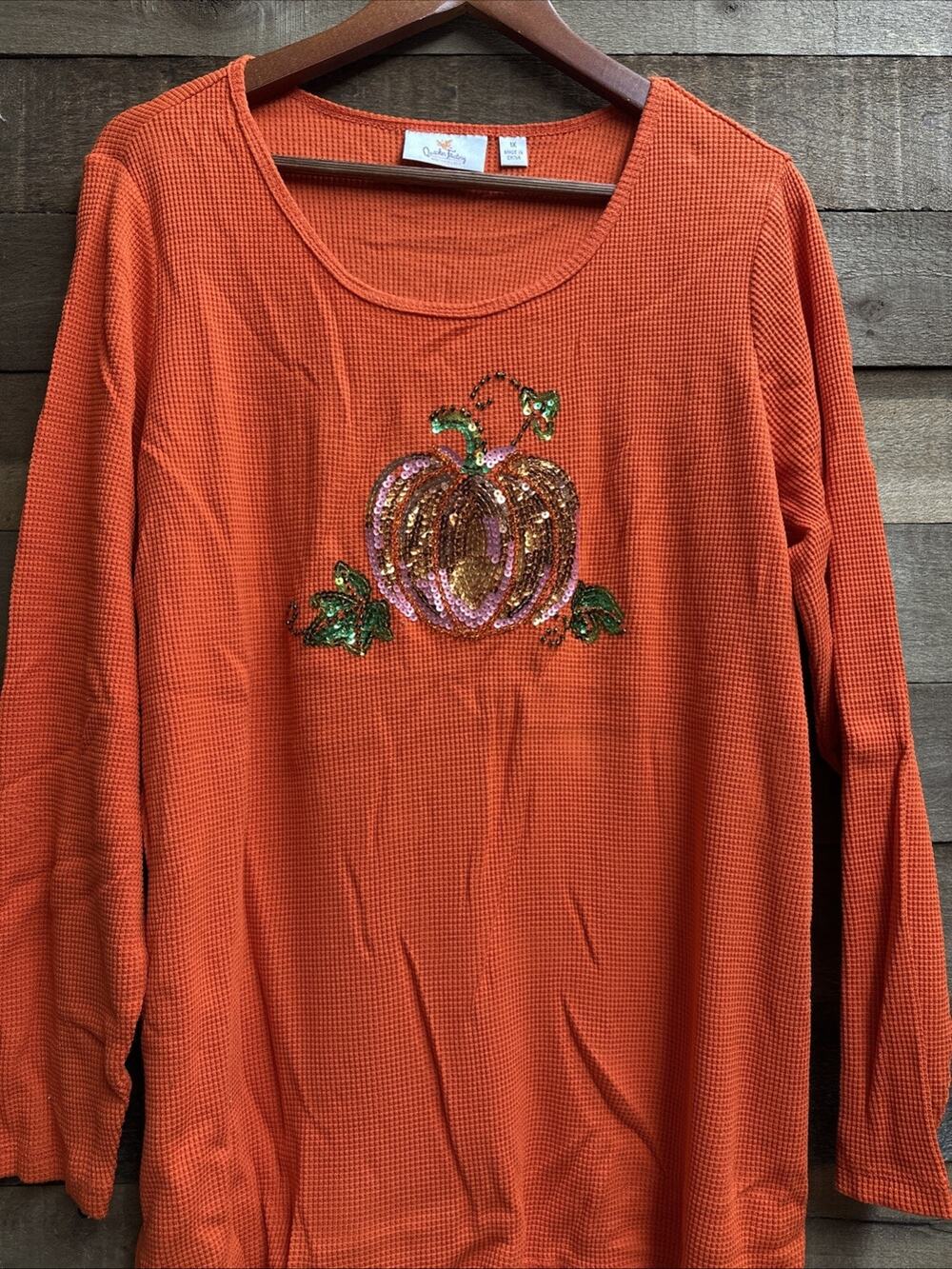 Womens Orange Thermal Shirt Pumpkin Sequin QUACKER FACTORY 1X